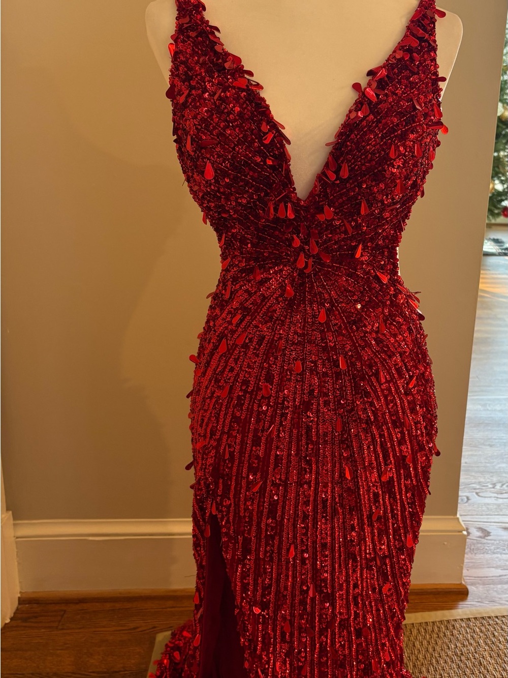 Sherri Hill Red Beaded V-Neck Prom Gown - Picture 3 of 3